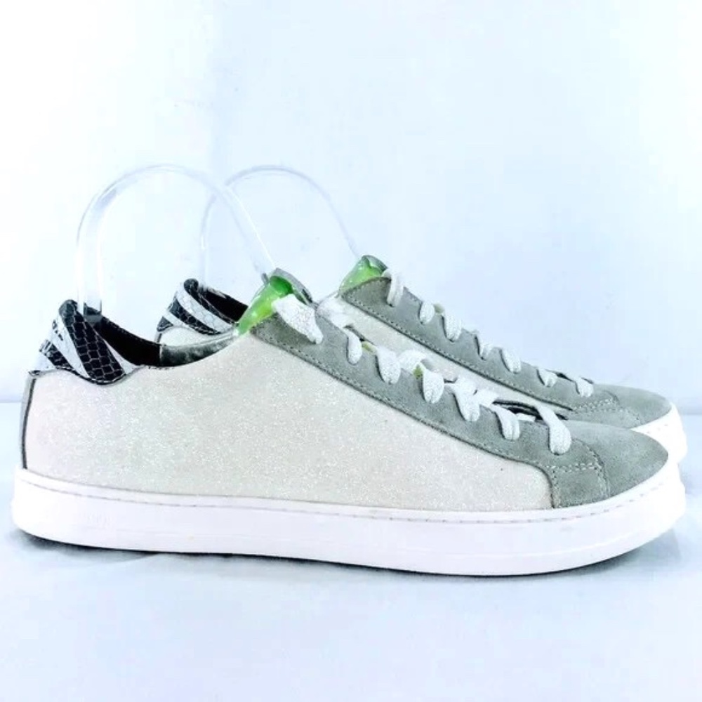 P448 Women Sneakers John Glitter Low S21 White Gray Leather Sneakers Sz 40 / 9.5